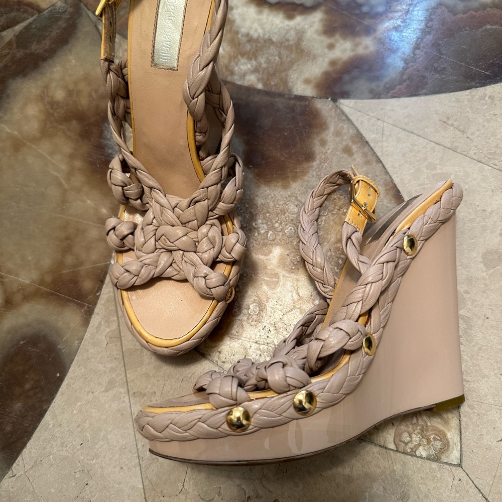 Braided Wedge Sandals - Beige